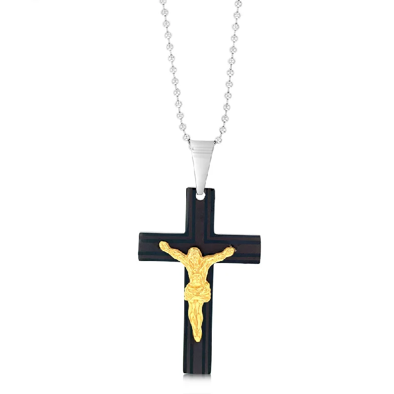 Stainless Steel Black And Gold Two Tone Crucifix Pendant On 60.9cm Ball Chain