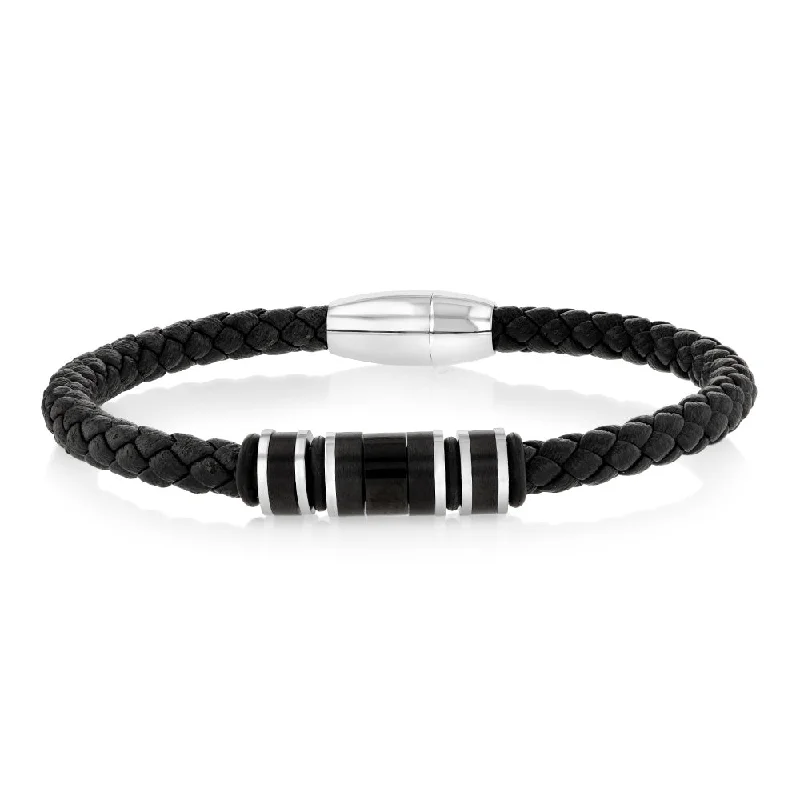 Stainless Steel Black Leather 21cm Bracelet