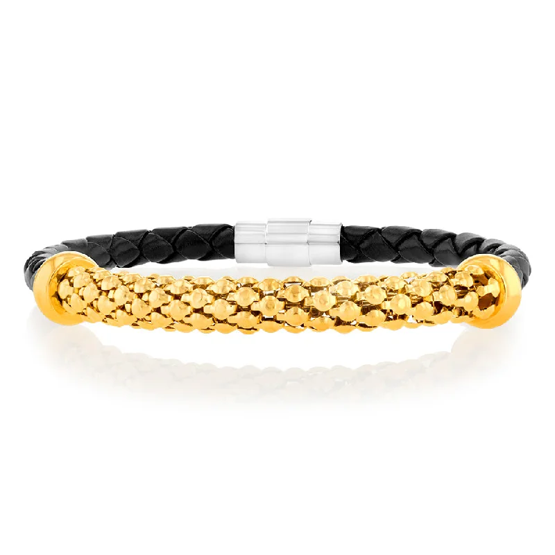 Stainless Steel Black Leather And Gold Plated 20.3cm Bracelet