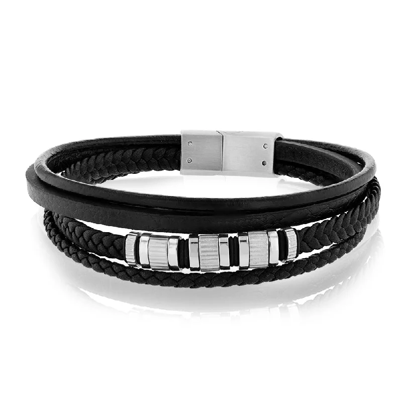 Stainless Steel Black Leather Layered 21cm Bracelet