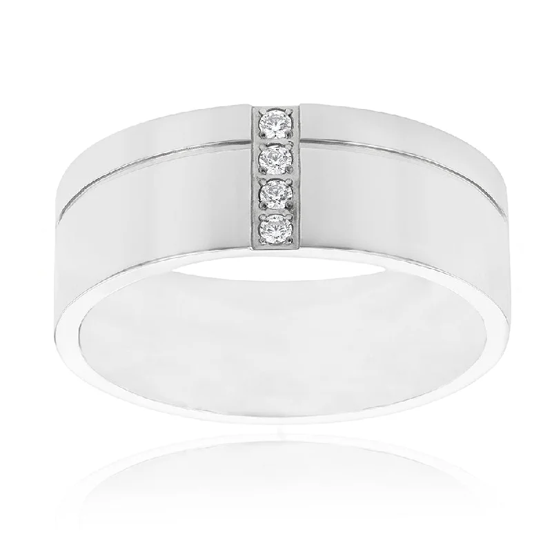 Stainless Steel Cubic Zirconia On 8mm Wide Matt Finish Ring