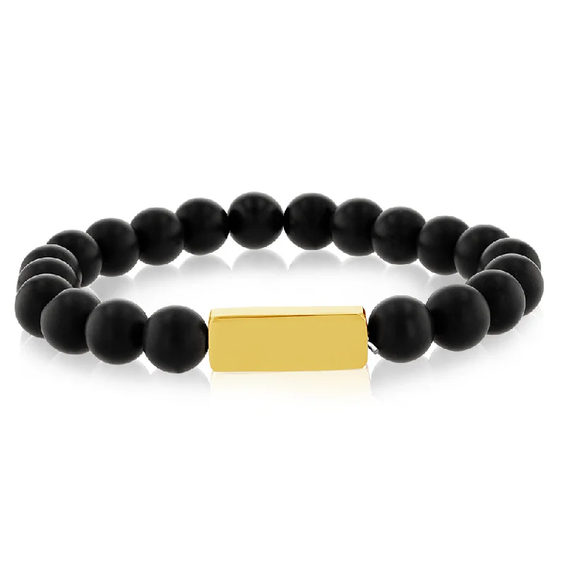 Stainless Steel Gold Plated Black Beads Stretchable Bracelet