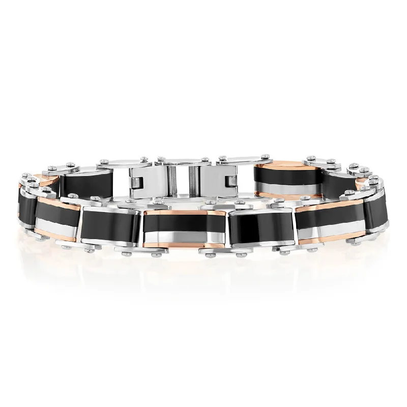 Stainless Steel Multitone Silver Black And Chocolate Hinged 21cm Bracelet