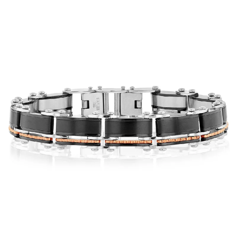 Stainless Steel Multitone Silver Black And Chocolate Hinged 21cm Bracelet