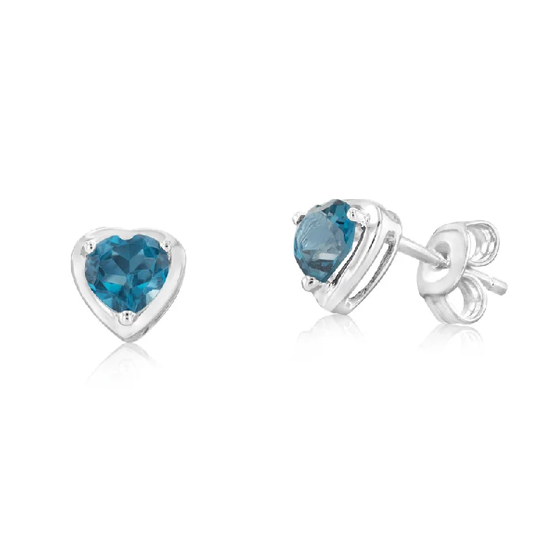 Sterling Silver 1.3Ct Natural London Blue Topaz Heart Shaped Stud Earrings