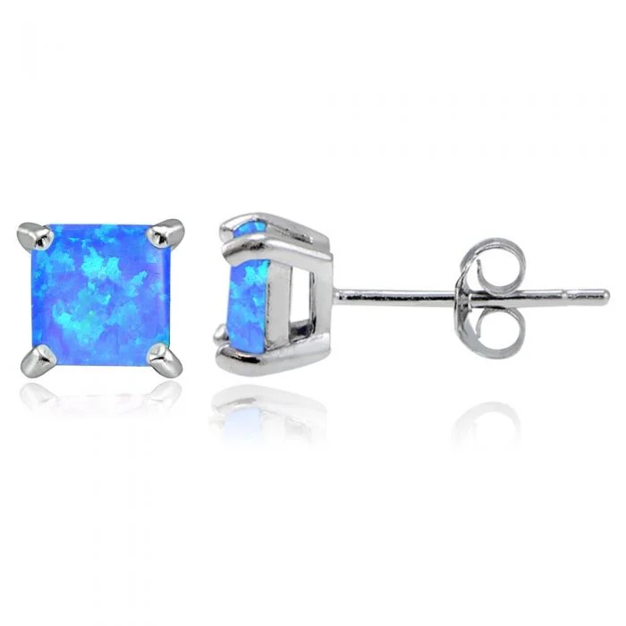 Sterling Silver 6mm Simulated Blue Square Stud Earrings