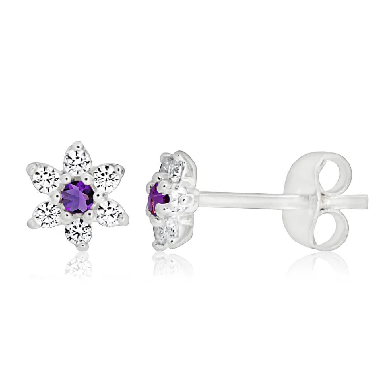 Sterling Silver Amethyst + Cubic Zirconia Flower Stud Earrings