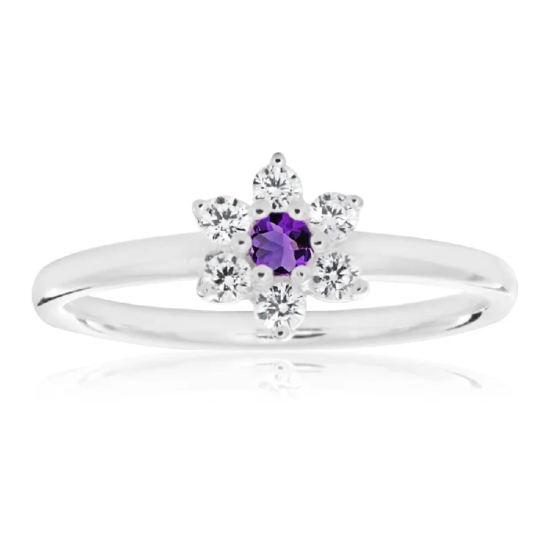 Sterling Silver Amethyst + Cubic ZirconiaFlower Ring