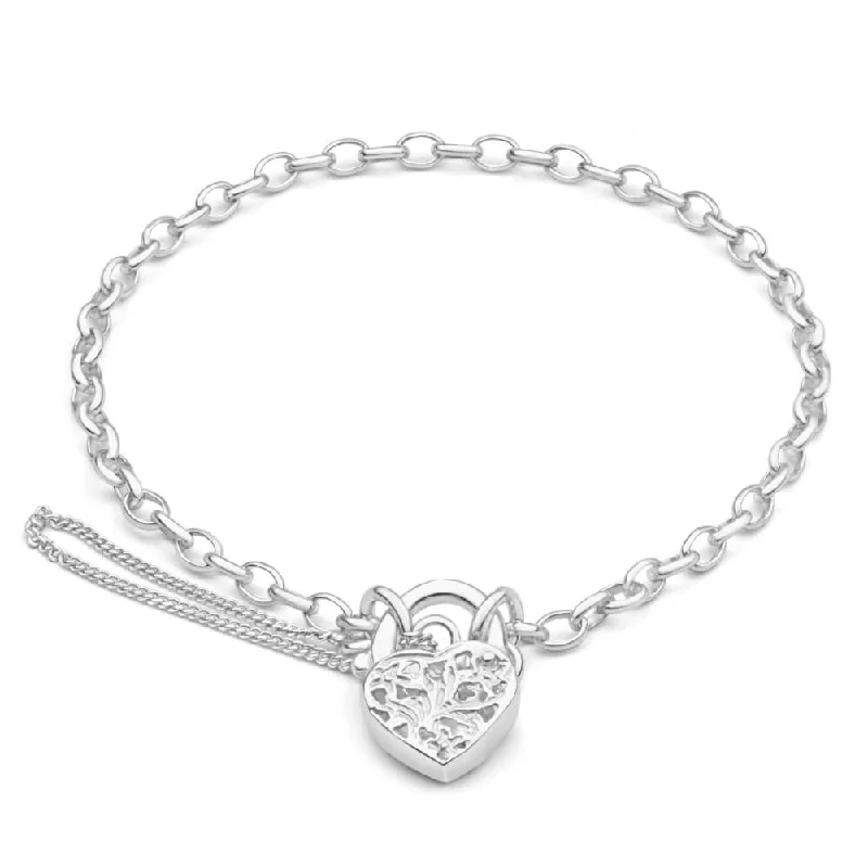 Sterling Silver Belcher Filigree Heart 19cm Bracelet