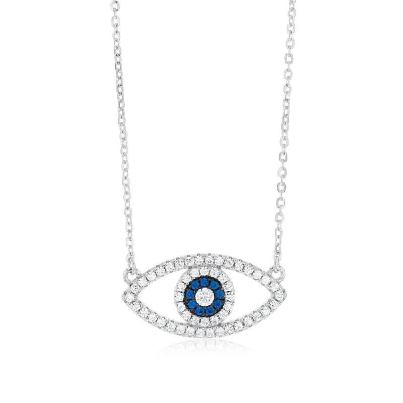 Sterling Silver Created Blue Sapphire And Zirconia Evil Eye Pendant On 45cm Chain