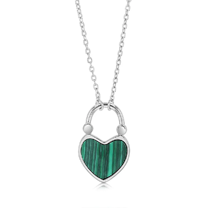 Sterling Silver Created Malachite Heart Pendant On Chain