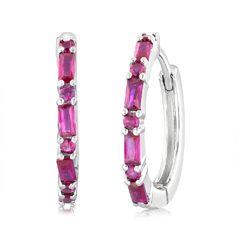 Sterling Silver Created Ruby Hoop Earrings