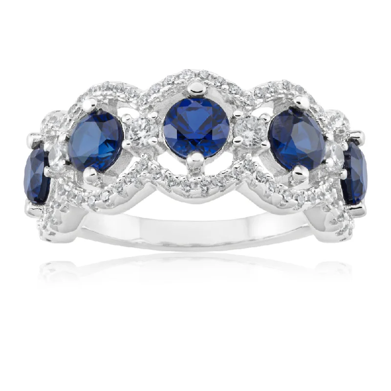 Sterling Silver Created Sapphire and Zirconia Ring