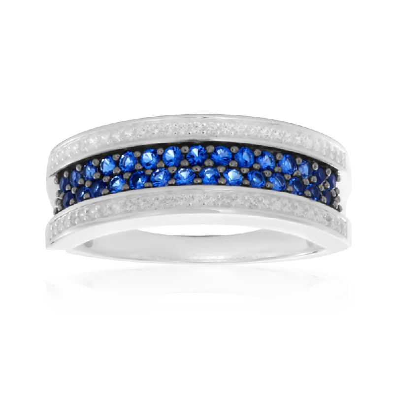 Sterling Silver Created Sapphire + Cubic Zirconia Stripe Ring