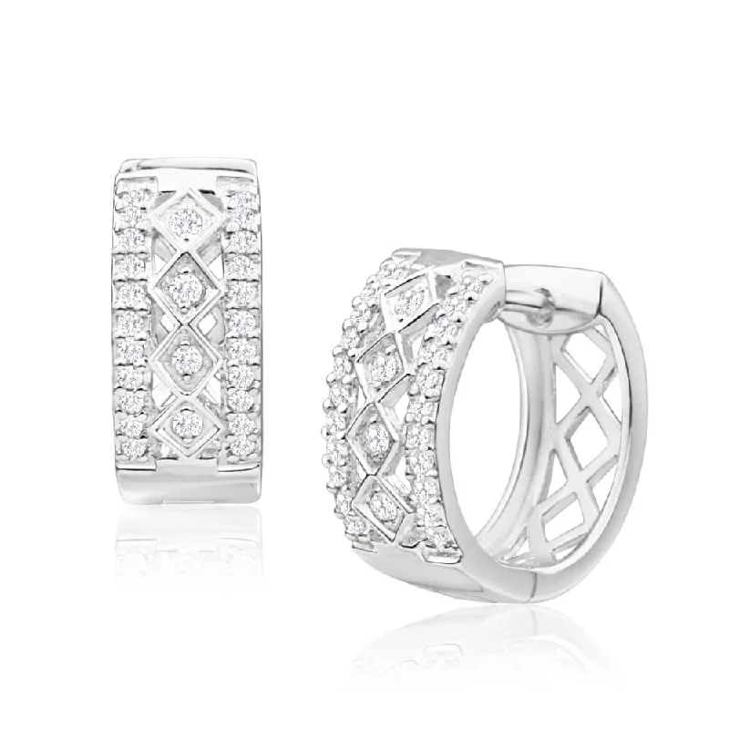 Sterling Silver Cubic Zirconia Fancy Huggie 12mm Hoop Earrings