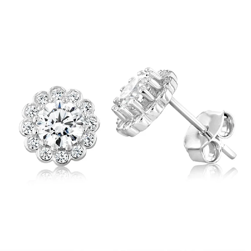 Sterling Silver Cubic Zirconia Halo Pendant And Stud Earrings Set