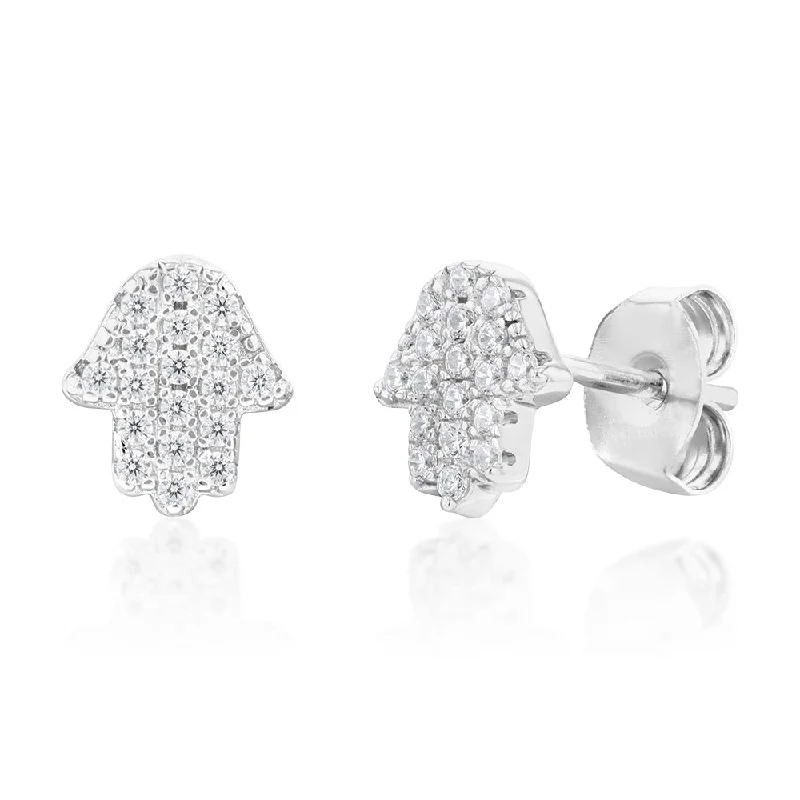 Sterling Silver Cubic Zirconia Hamsa Stud Earrings