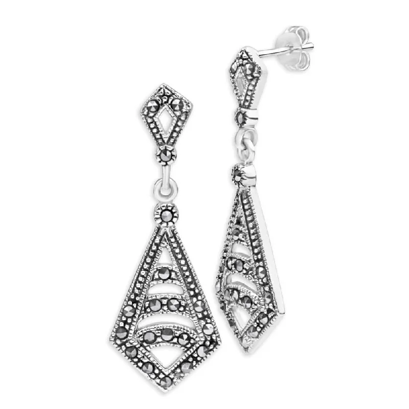 Sterling Silver Cubic Zirconia + Marcasite Drop Earrings