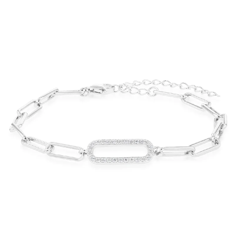 Sterling Silver Cubic Zirconia On Link Rhodium Plated Bracelet