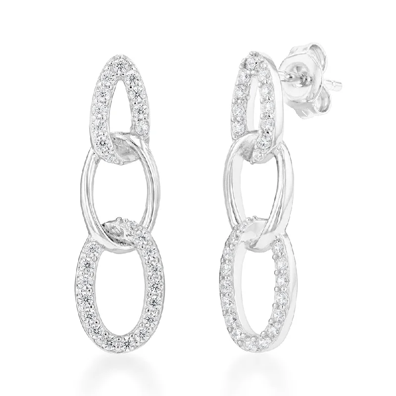 Sterling Silver Cubic Zirconia On Link Rhodium Plated Stud Earrings