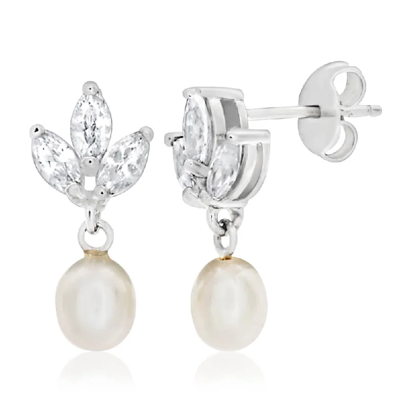 Sterling Silver Cubic Zirconia + Pearl Delight Drop Earrings