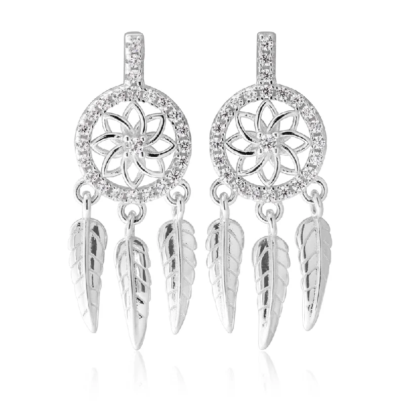 Sterling Silver Dreamcatcher Cubic Zirconia Earrings