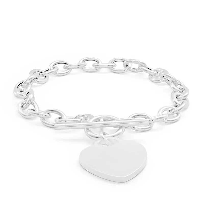 Sterling Silver Fancy Heart Charm T Bar Bracelet