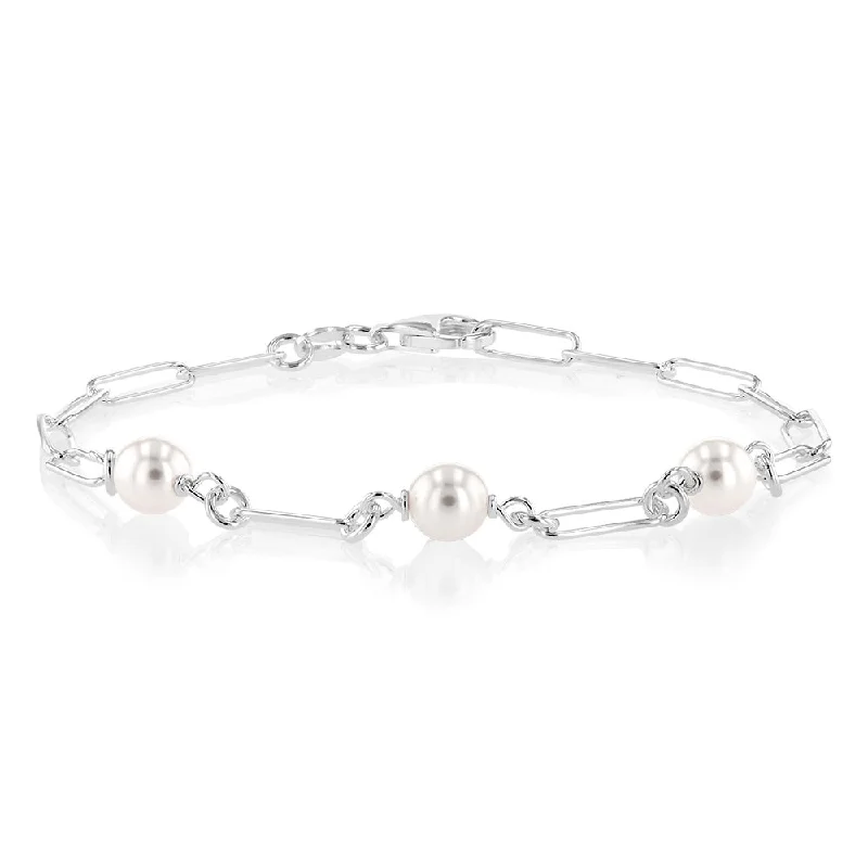 Sterling Silver Fresh Water Pearl Paperclip 19cm Bracelet