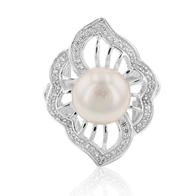 Sterling Silver Freshwater Pearl and White Zircon Fancy Ring