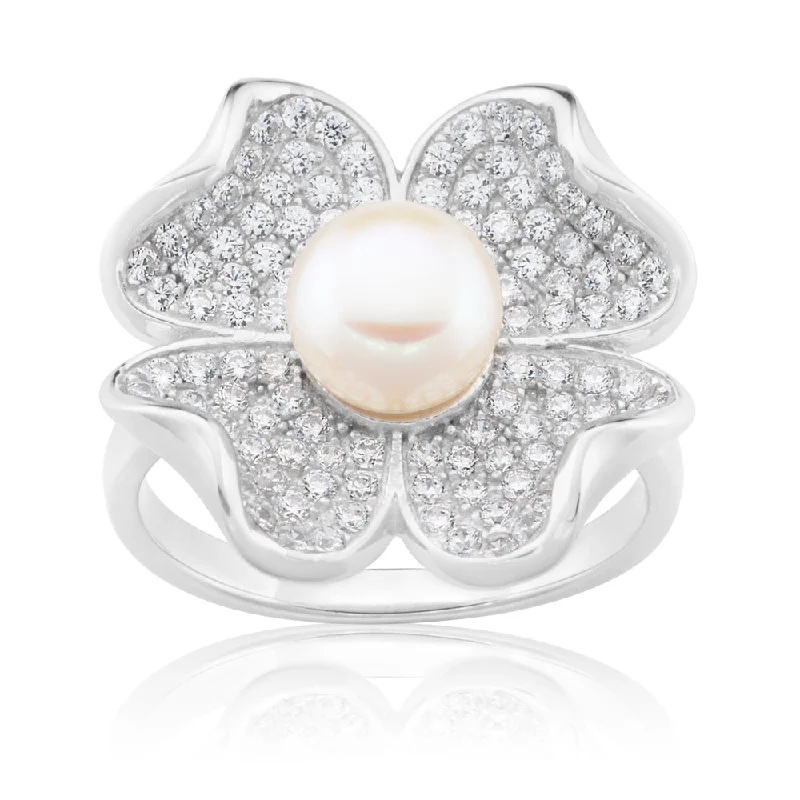 Sterling Silver Freshwater Pearl and Zirconia Flower Ring