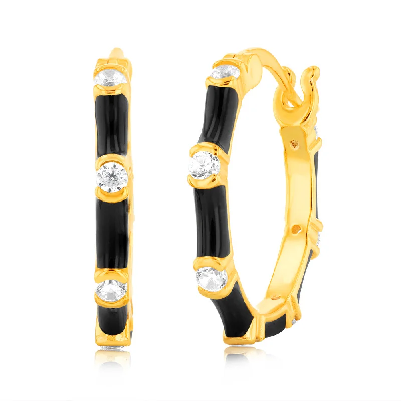 Sterling Silver Gold Plated Black Enamel And Zirconia 20mm Hoop Earrings