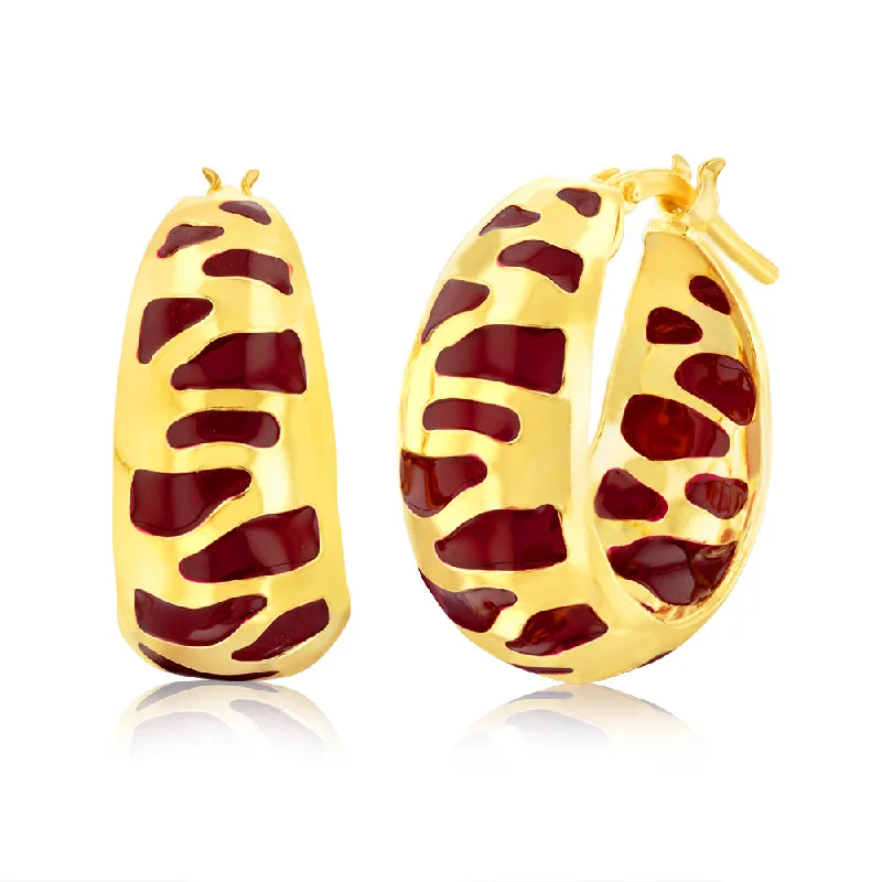 Sterling Silver Gold Plated Deep Red Enamel Tiger Pattern Wide 14mm Hoop Earrings