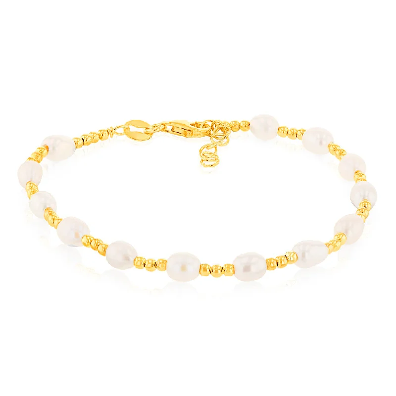 Sterling Silver Gold Plated Fresh Water Pearl And Gold Beads 17+2cm Bracelet