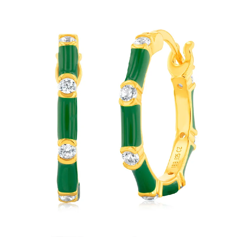 Sterling Silver Gold Plated Green Enamel And Zirconia 20mm Hoop Earrings