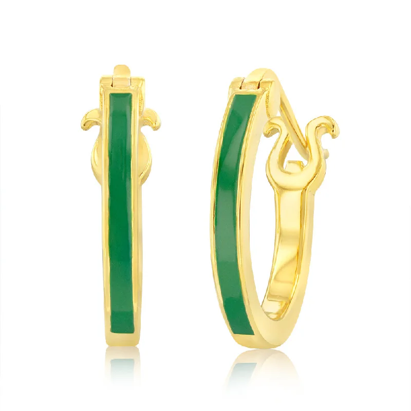 Sterling Silver Gold Plated Green Enamel Hoop Earrings