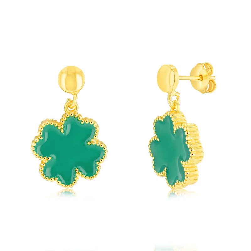 Sterling Silver Gold Plated Green Four Leaf Enamel Flower Drop Earrings