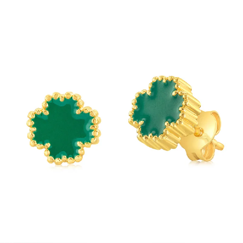 Sterling Silver Gold Plated Green Four Leaf Enamel Flower Stud Earrings