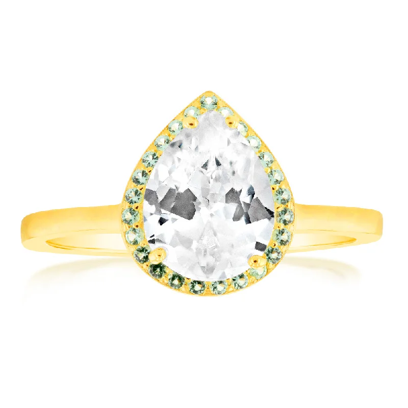 Sterling Silver Gold Plated Pear Shaped Green And White Zirconia Ring