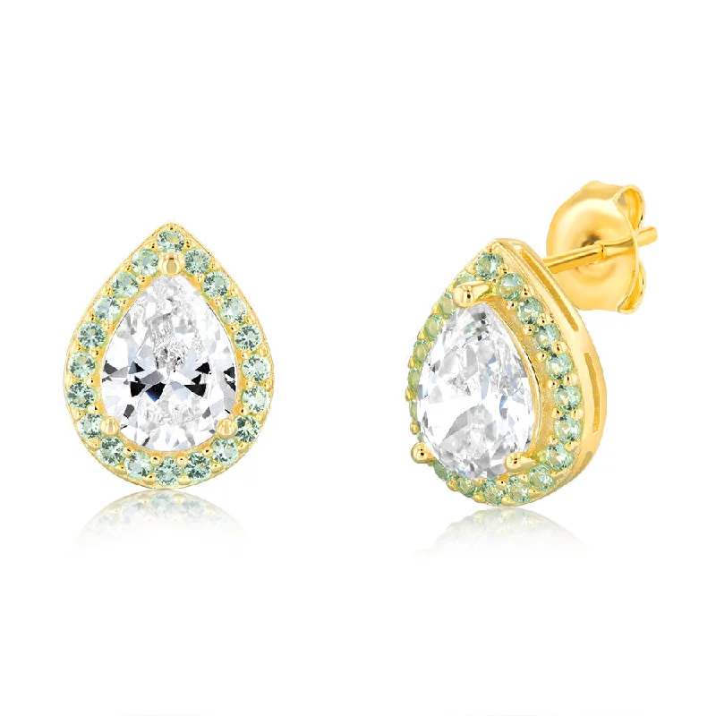 Sterling Silver Gold Plated Pear Shaped Green And White Zirconia Stud Earrings