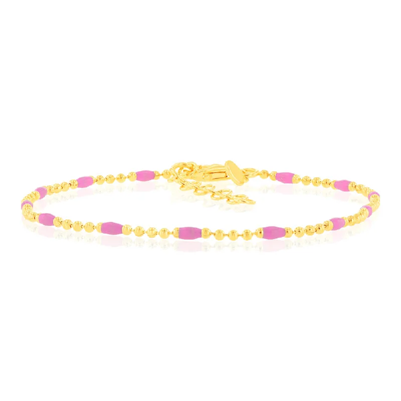 Sterling Silver Gold Plated Pink Enamel Beads 19cm Bracelet