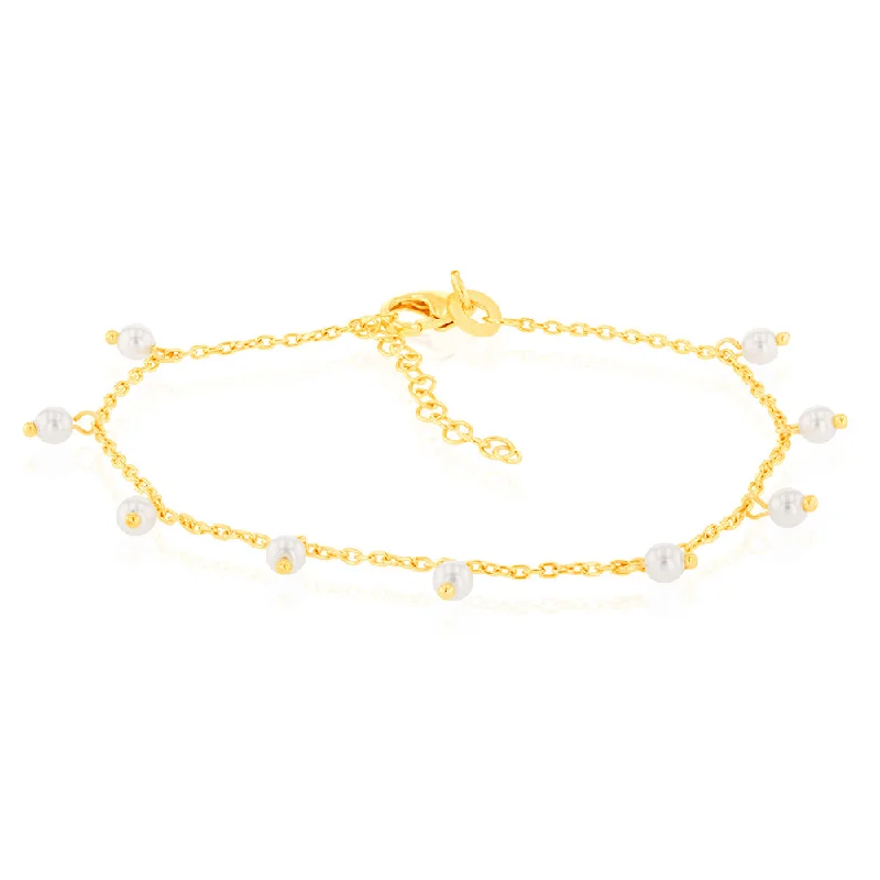 Sterling Silver Gold Plated Simulated Pearl Charm 19cm Bracelet