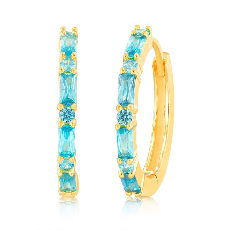 Sterling Silver Gold Plated Sky Blue Zirconia Hoop Earrings