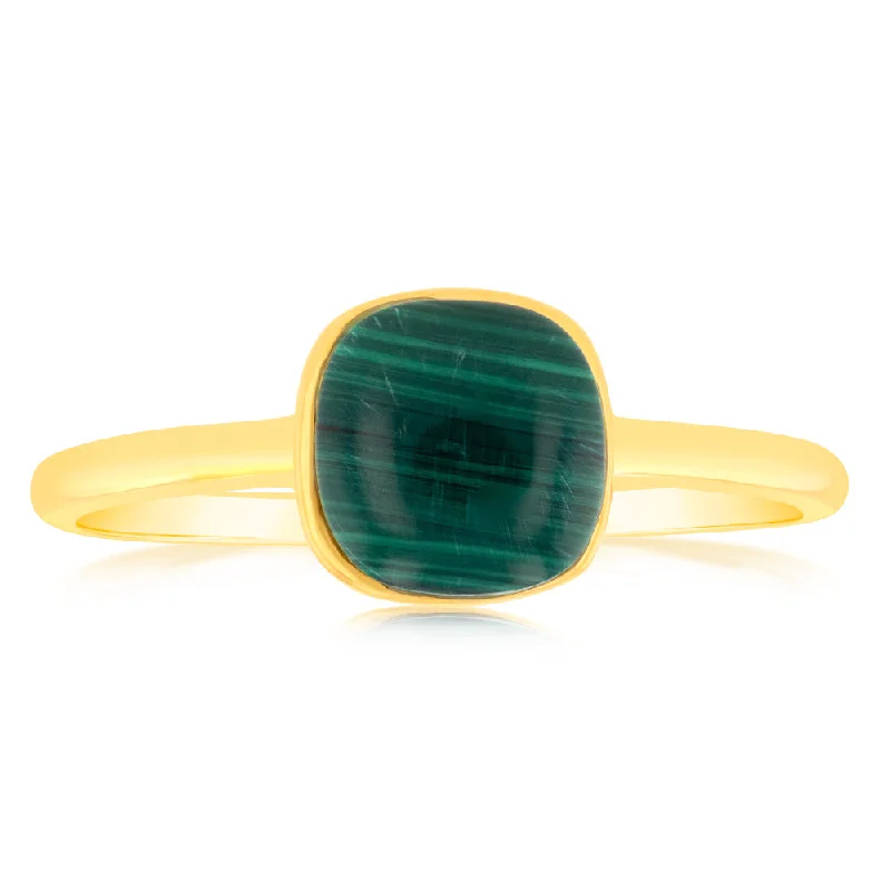 Sterling Silver Gold Plated Square Natural Malachite Ring