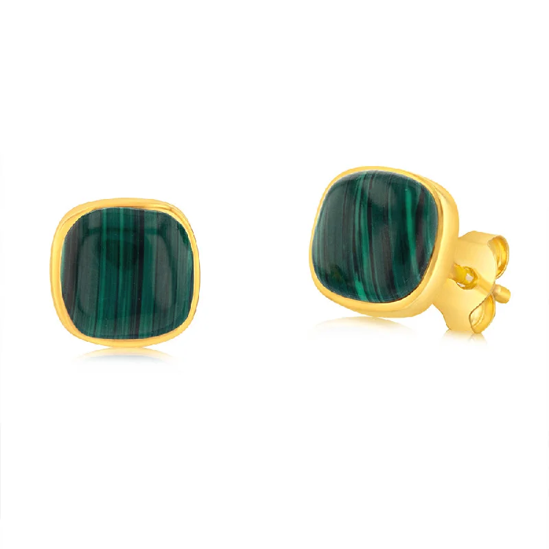 Sterling Silver Gold Plated Square Natural Malachite Stud Earrings