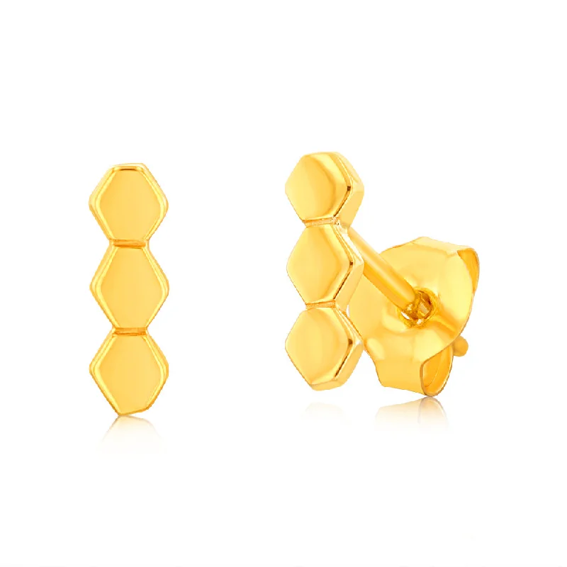 Sterling Silver Gold Plated Triple Hexagon Stud Earrings