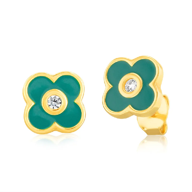 Sterling Silver Gold Plated Zirconia And Green Enamel Flower Stud Earrings