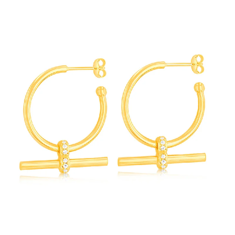 Sterling Silver Gold Plated Zirconia Bar 3/4th Hoop Earrings