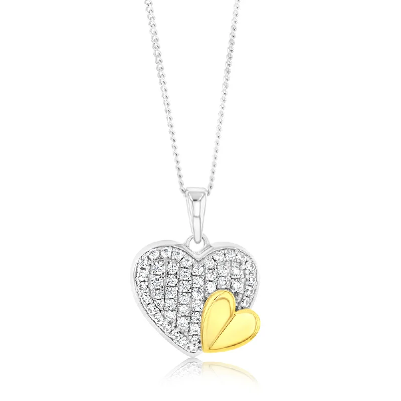 Sterling Silver Gold Plated Zirconia Pave Heart Pendant