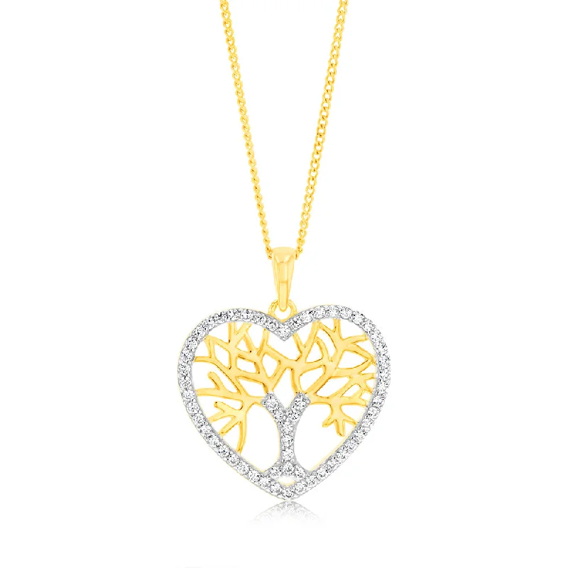 Sterling Silver Gold Plated Zirconia Tree Of Life Heart Pendant