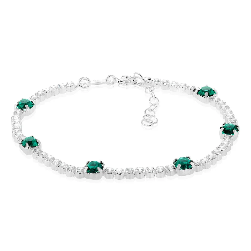 Sterling Silver Green Crystal And White Zirconia 15.5+4cm Bracelet